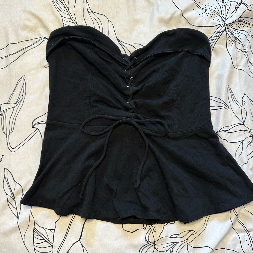 Express Black Strapless Lace-Up Blouse